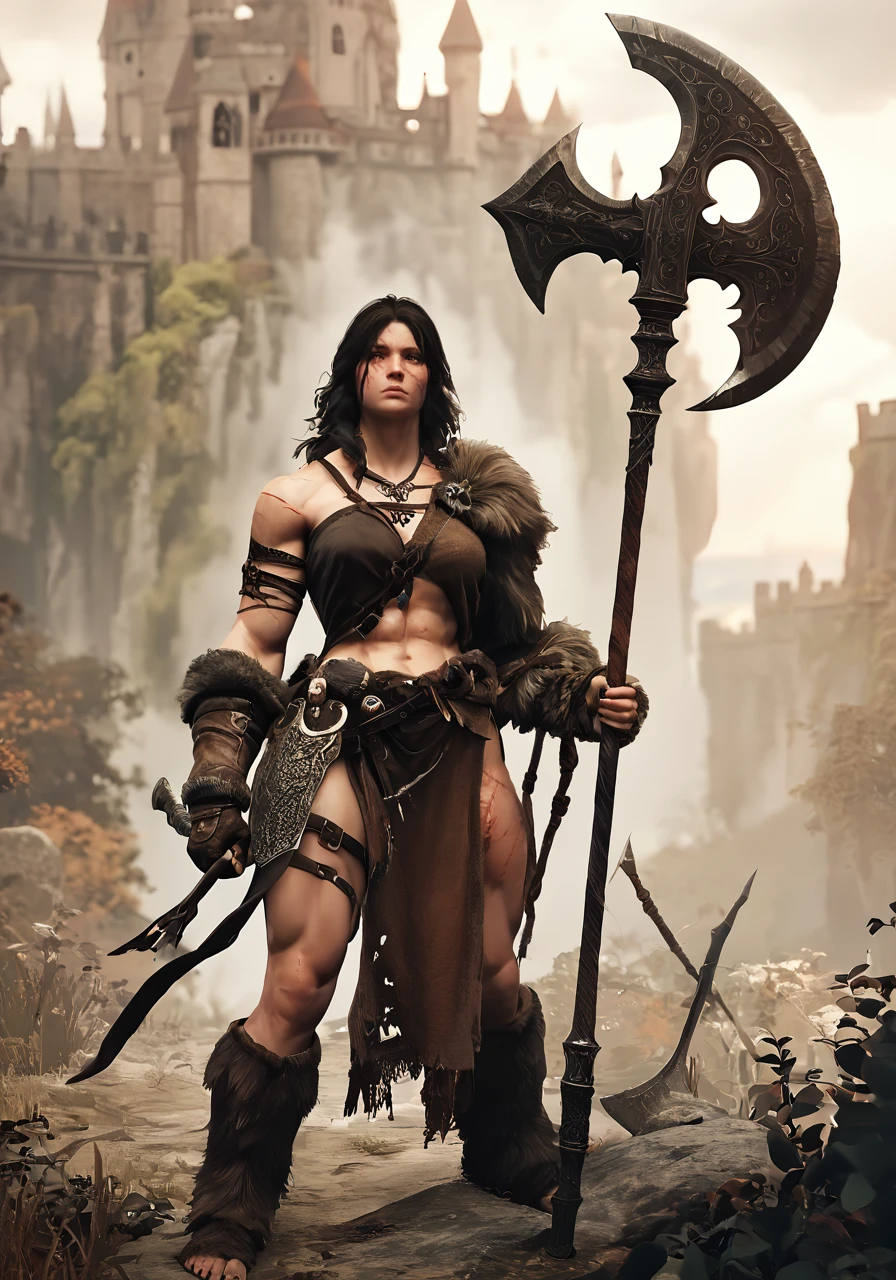 score_9, score_8_up, score_7_up, a barbarian woman in a castle, muscular, holding axe, best quality, masterpiece, otherworldly, <lora:eldringpxl:1>, eldringpxl, full body,loincloth, scarred,