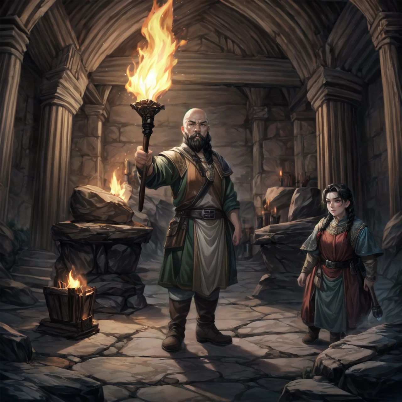 1girl, 1boy, father and daughter, dwarf, black hair, braids, bald, underground, dwarven city, stone, torches, <lora:Dwarves! SD 1.5:0.8>, dwarvenstyle, very detailed, <lora:more_details:0.6>, high quality, highres, masterpiece, best quality, 8k, intricate, detailed, <lora:add_detail:0.6>