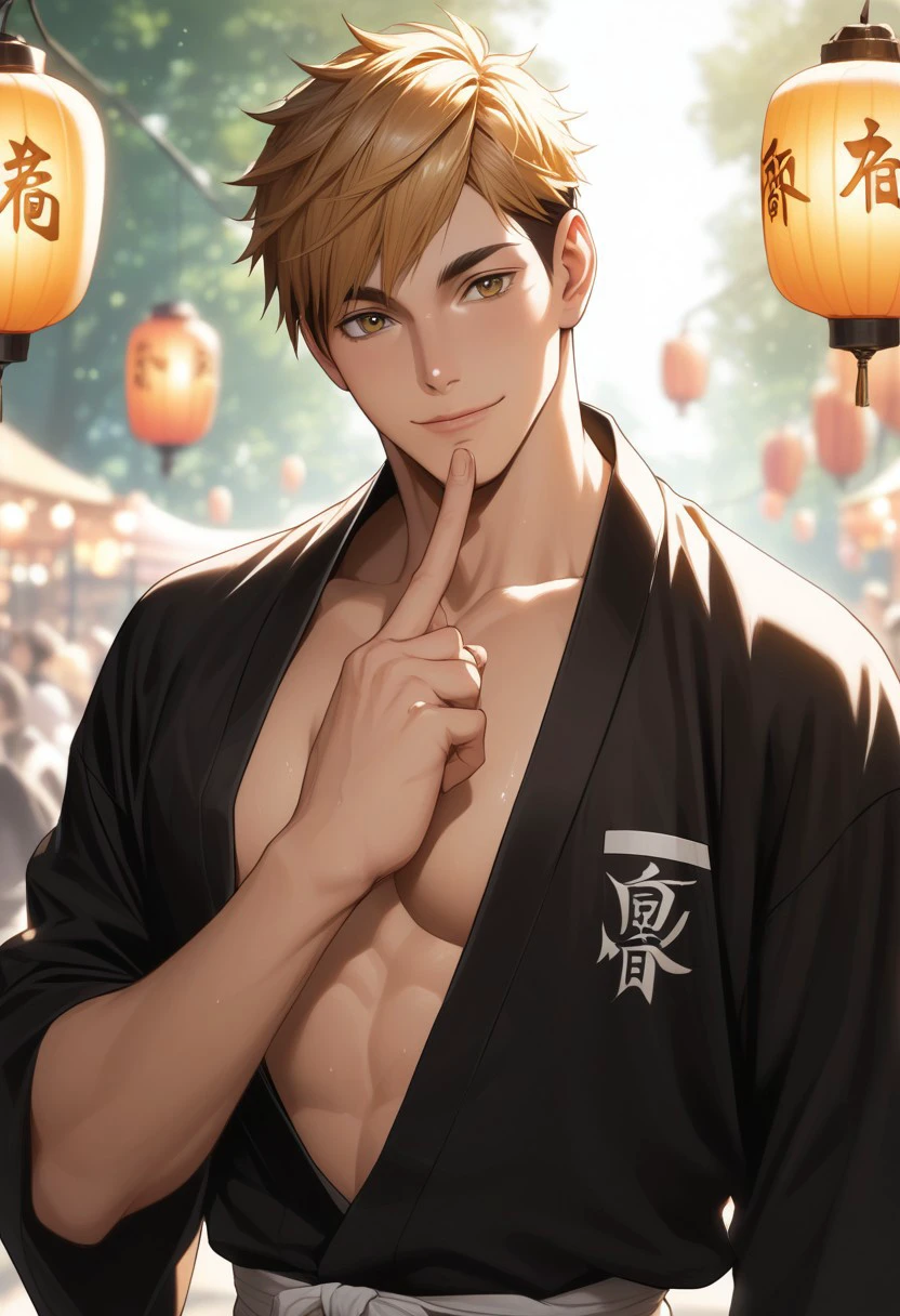 score_9, score_8_up, score_7_up, source_anime, rating_explicit, 1finger on chin, hands with five fingers, pecs, Atsaikyu, 1boy, male focus, black-white yukata, closed mouth, smiling, head tilt, blurry outdoor lantern festival, food stalls, warm bokeh, realistic lighting,