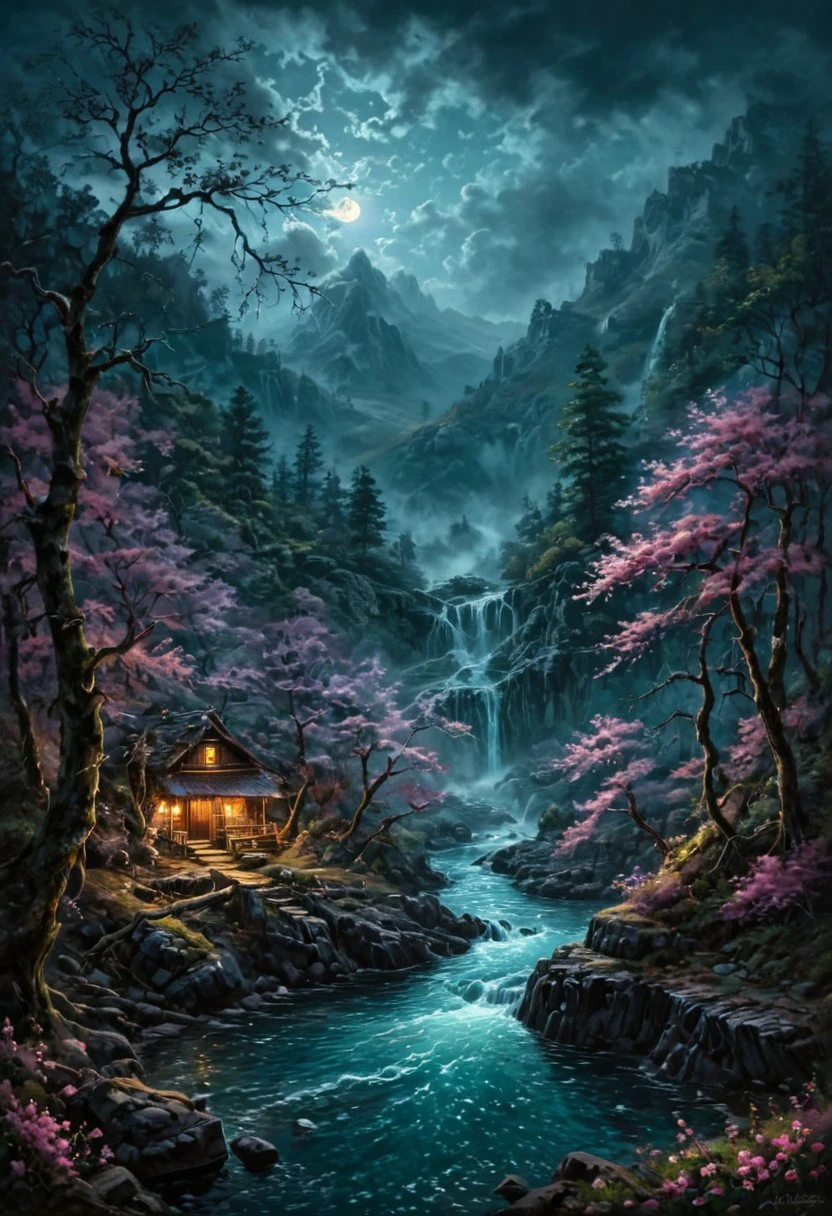 Under the eerie glow of a full moon, a dark and ominous forest landscape unfolds, A vibrant cherry blossom tree stands by the edge of a serene lake, its vivid hues contrasting starkly with the foreboding atmosphere. In the background a waterfall cascades down jagged rocks, the water glistening in the moonlight, Thick swirling clouds loom overhead adding to the sense of an evil presence, The moonlight peaks through the clouds casting an otherworldly glow over the entire scene. The air is thick with mysticism as if the very night holds ancient secrets and dark magic, romantic impressionism, dream scenery art, beautiful oil matte painting, romantic, style of thomas kinkade, (beautiful digital painting:1.3), anime style, romantic painting, dreamlike digital painting, colorful painting, beautiful oil painting, style of greg rutkowski, janek sedlar, and jenny saville, midjourney style painting, (paint brush textures:1.3), (masterpiece:1.35), (dramatic lighting:1.5), brush textures