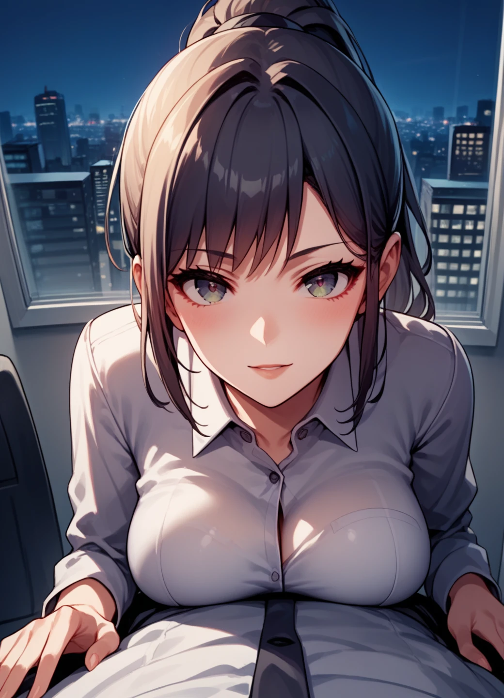 score_9, score_8_up, score_7_up, source_anime, 
1girl, standing, breast press, looking at viewer,  solo focus, office lady, ponytail , bangs
 1boy,  pov, hetero,
windows, night, cityscape,
 <lora:breastpress_xl:0.9>