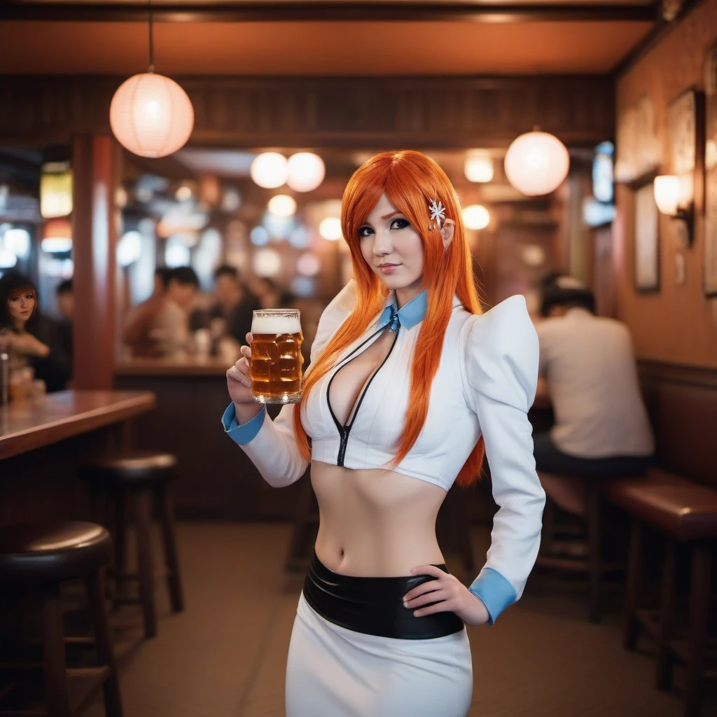 cinematic photo full body portrait 1girl, solo, orange hair, hair ornament, cleavage, breast, stands, having a beer in a japanese pub, background  <lora:Inoue:0.8> . 35mm photograph, film, bokeh, professional, 4k, highly detailed