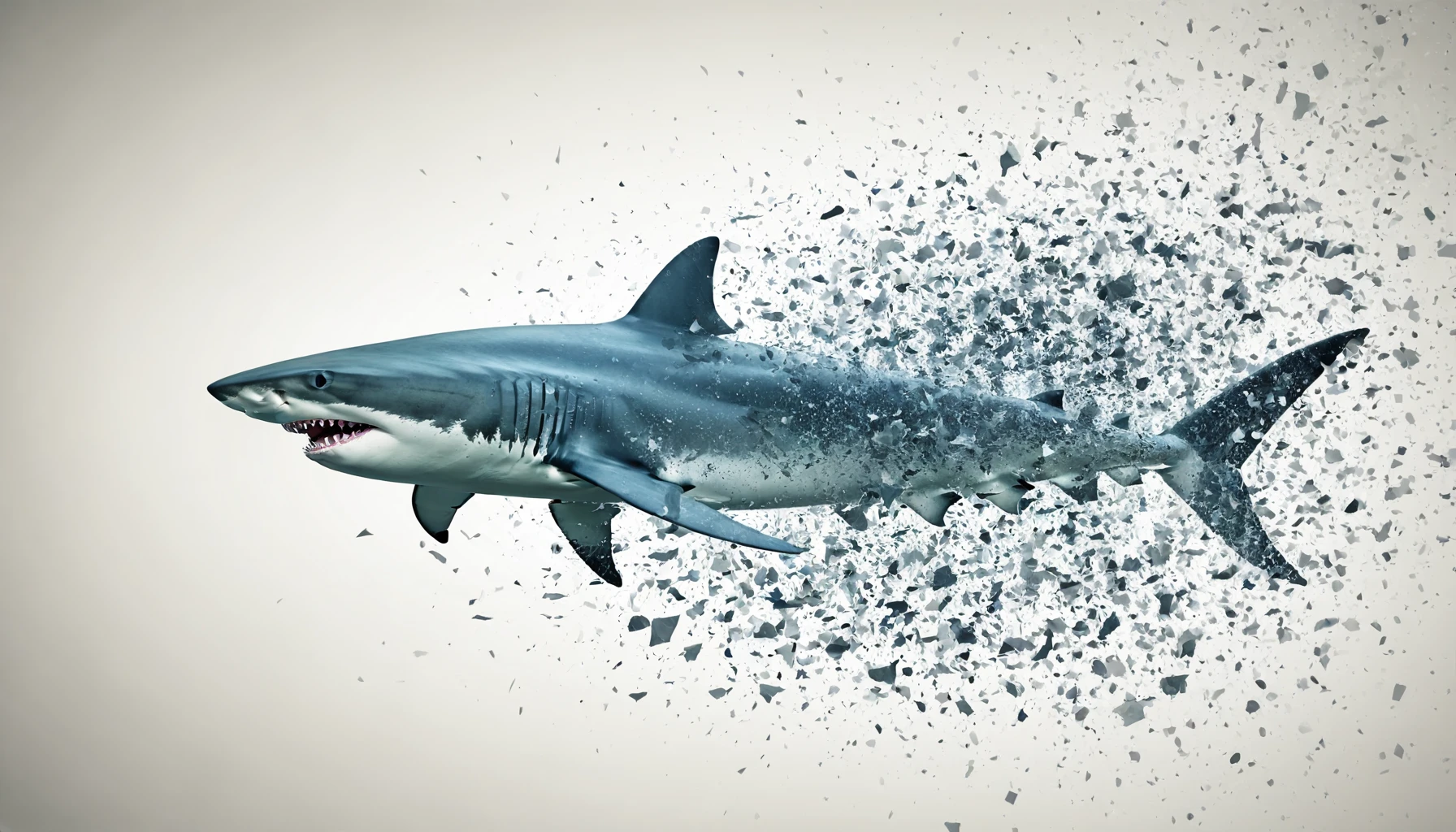 a shark being,shattered disintegration particles