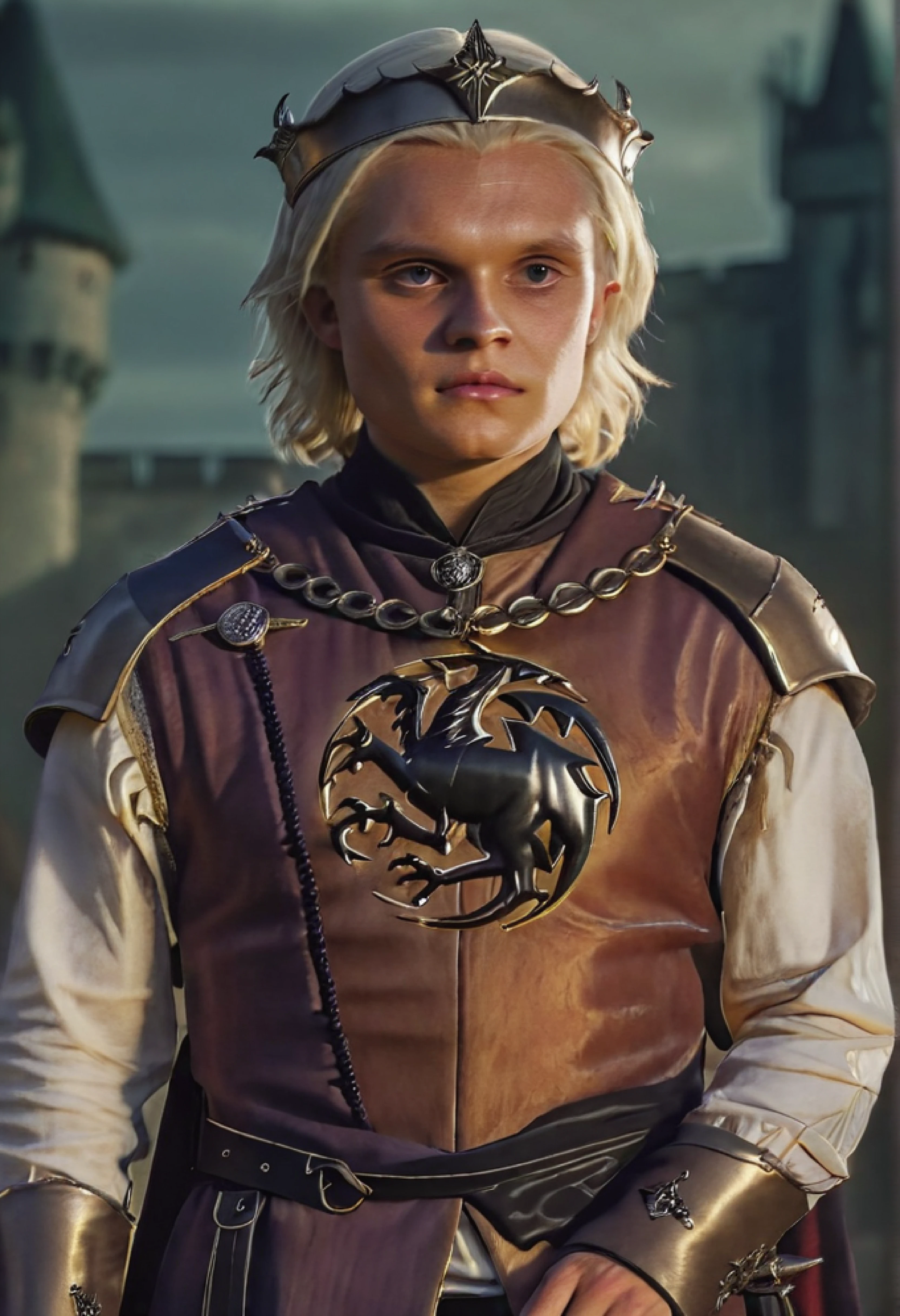 <ckpt:ZavyChroma.safetensors>, <ckpt:Fluently.safetensors>, <lora:TomGlynnCarney.safetensors:1.2>, Photograph of Tom Glynn-Carney, TGC, Aegon II Targaryen, blonde hair, grey eyes, chin length hair, Targaryen crown, royal outfit, a sigil of a black three headed dragon on his chest, upper body, golden hour, medieval castle, Raw photo, Canon EOS R3