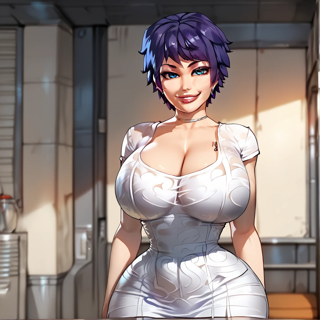 score_9, score_8_up, score_7_up, score_6_up, score_5_up, score_4_up, BREAK,  <lora:sixofone:1>, sixofone, 1girl, solo, huge breasts, white dress, indoors, smile, lips, parted lips, blue eyes, looking at viewer, standing, purple hair, short hair,  <lora:Floox2:1>