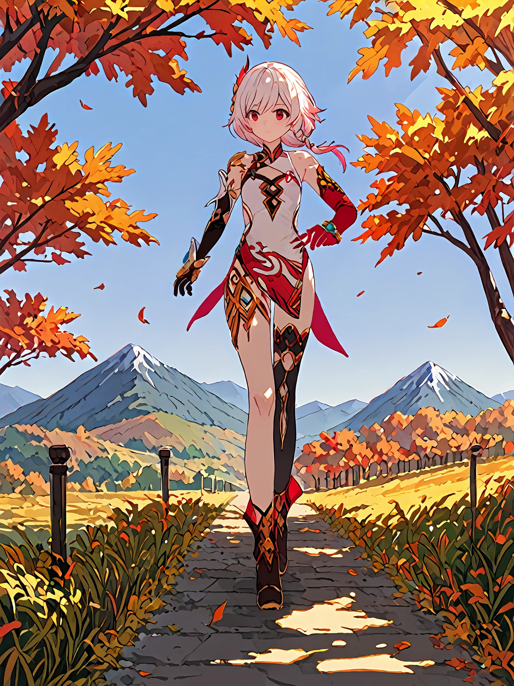 score_9, score_8_up, score_7_up, source_anime, 1girl, solo, <lora:LCMTurboMix_Euler_A_fix:1>, Fu Hua(P), hair ornament, multicolored hair, china dress, asymmetrical elbow gloves, single legwear, boots, running, outdoors, mountain, sunlight, autumn leaves, tree, cowboy shot, walking, <lora:FH_Phoneix_PONY_v1:0.9>,