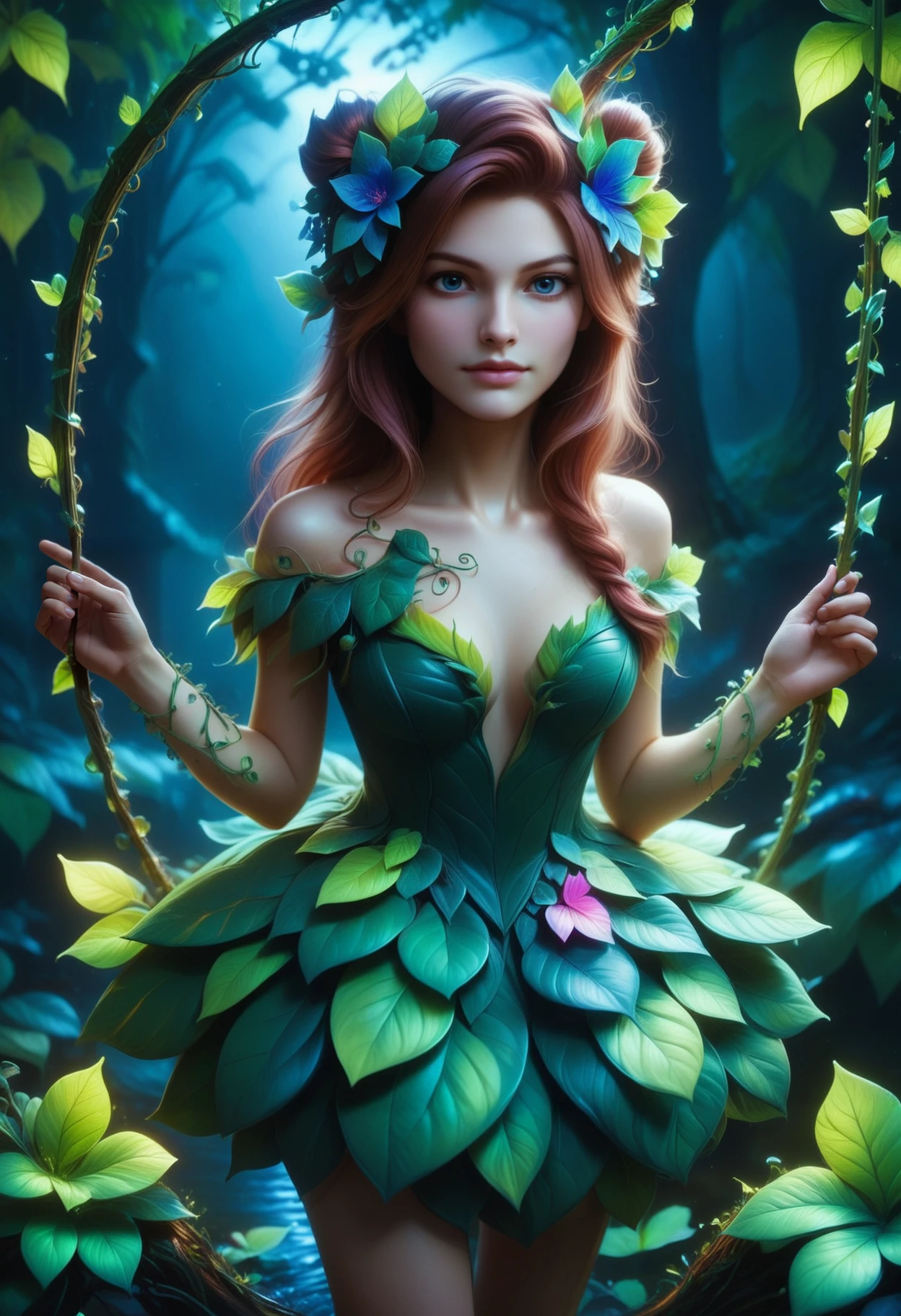 close up, 1 woman, upper body, animecore, 2d, zyveijsdxl, bright smile, harmonious, wearing a dress made out of ivy, detailed with neon petals, made out of iridescent flower petals, sits on a swing in the forest over a river, the swing is detailed with ivy, by night <lora:zyveijSDXL:1>, <lora:Jedtailer:0.4>, p1nk1r1fl0wers  <lora:PinkieIriFlwrsSDXL:0.7>