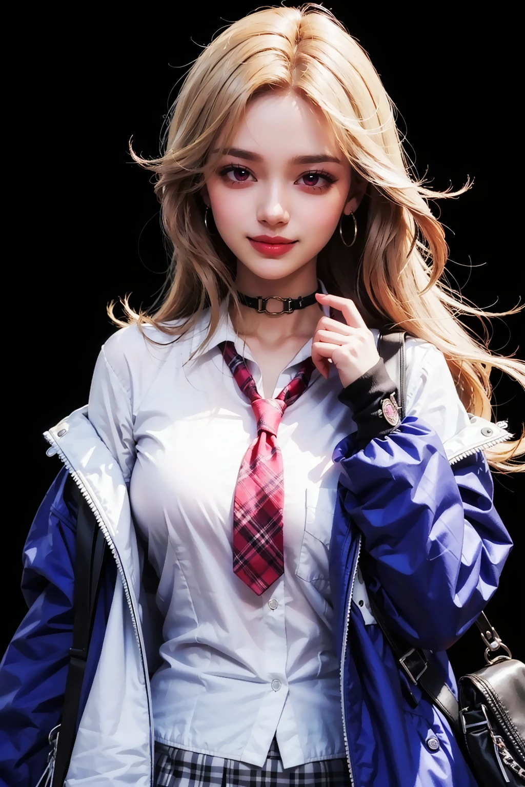 ((masterpiece)), ((ultra-detailed)), high_resolution, imtdein, 1girl, solo, smile, pink eyes, plaid skirt, blonde hair, jacket, white shirt, choker, red necktie, hair ornament, long hair, hairclip, hoop earring, perfect hands.
