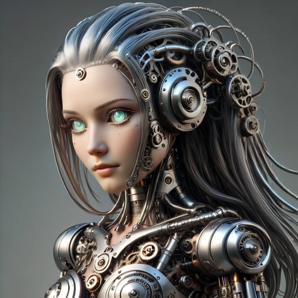 g3ars, a steampunk, futuristic female android, with long polished steel hair <lora:Gears_World_Morph:1>