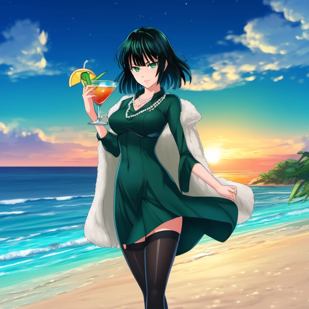 anime artwork full body portrait 1girl, large breast, green eyes,  dress, necklace, thighhighs, jewelry, short black hair, bangs, having a cocktail on the beach, sunset <lora:Fubuki1024:0.8> . anime style, key visual, vibrant, studio anime,  highly detailed