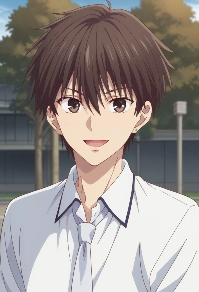 score_9, score_8_up, score_7_up, source_anime, highly detailed, 
kakerumanabe, 1boy, male focus, necktie, solo, shirt, white shirt, upper body, brown eyes,
looking at viewer, collared shirt, smile, blue necktie, hair between eyes,
brown hair, open mouth, school uniform, earrings
outdoor, sky, tree