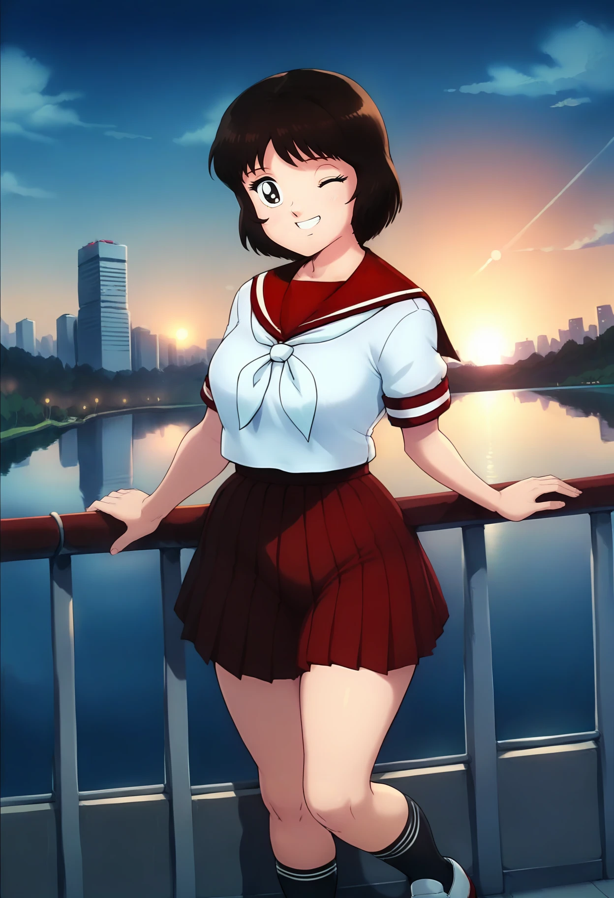 score_9, score_8_up, score_7_up, score_6_up, <lora:CPTTSanae:0.9>, CPTTSanae, 1girl, brown hair, brown eyes, short hair,
red sailor collar, white neckerchief, white serafuku, red pleated skirt, shoes,
looking at viewer, from side, light smile, one eye closed,
BREAK, cityscape, river, handrail, dusk, sunset, sunlight,