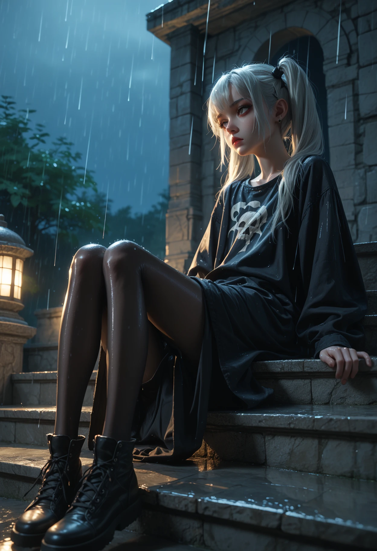 1girl,solo,petite,black pantyhose,loose clothes,goth,platinum blonde hair,twintails,
Shiny skin,stone steps,night,rain,leaning back,dynamic lighting,modern,vogue,
sitting,, score_9,score_8_up,score_7_up,masterpiece,best quality,8k,