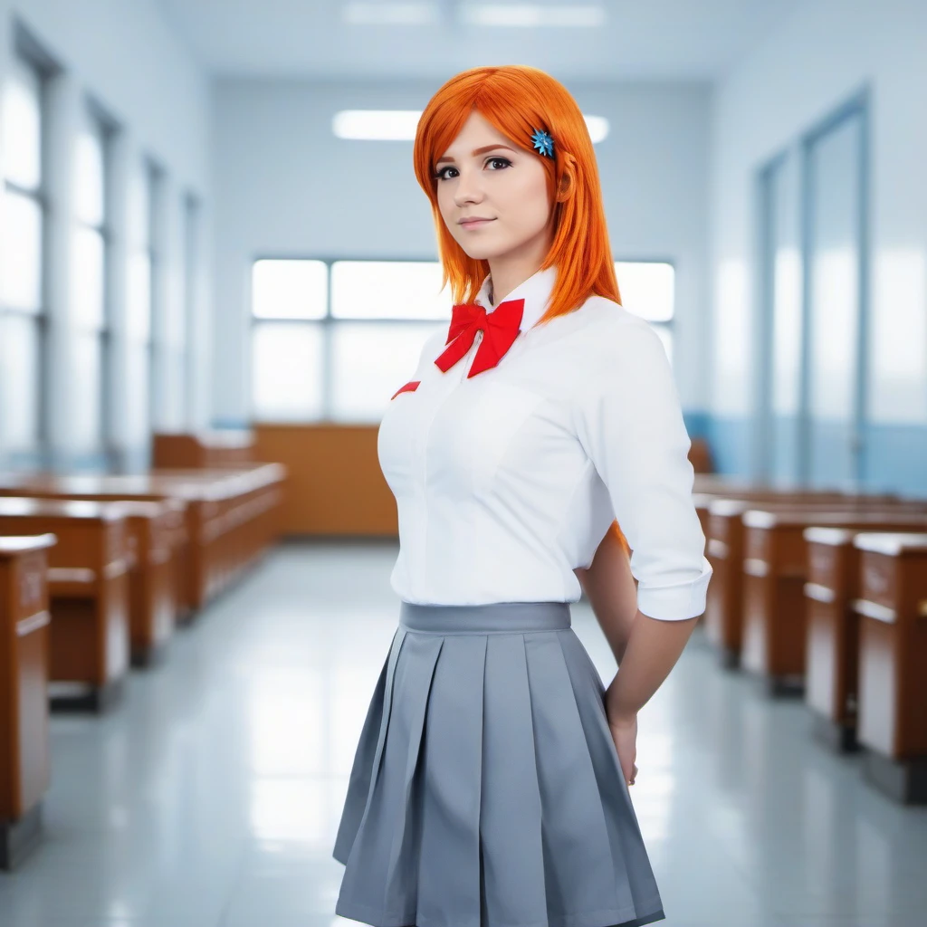 cinematic photo full body portrait 1girl, orange hair, hair ornament, school uniform, breast, skirt, stands in a school  <lora:Inoue:0.8> . 35mm photograph, film, bokeh, professional, 4k, highly detailed