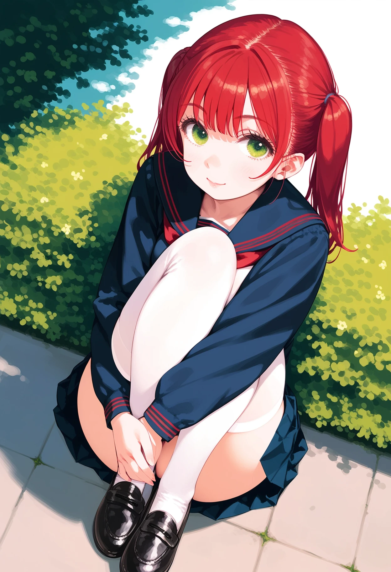 score_9, score_8_up, score_7_up,source_anime,anatomically correct,best perspective BREAK
<lora:fockewolfstyle:1>,fockewolfstyle, 
1girl, school uniform, solo, milf, 
twintails, red hair, green eyes, oval face, 
sitting, hugging own legs,  black footwear, white thighhighs, 
from above,