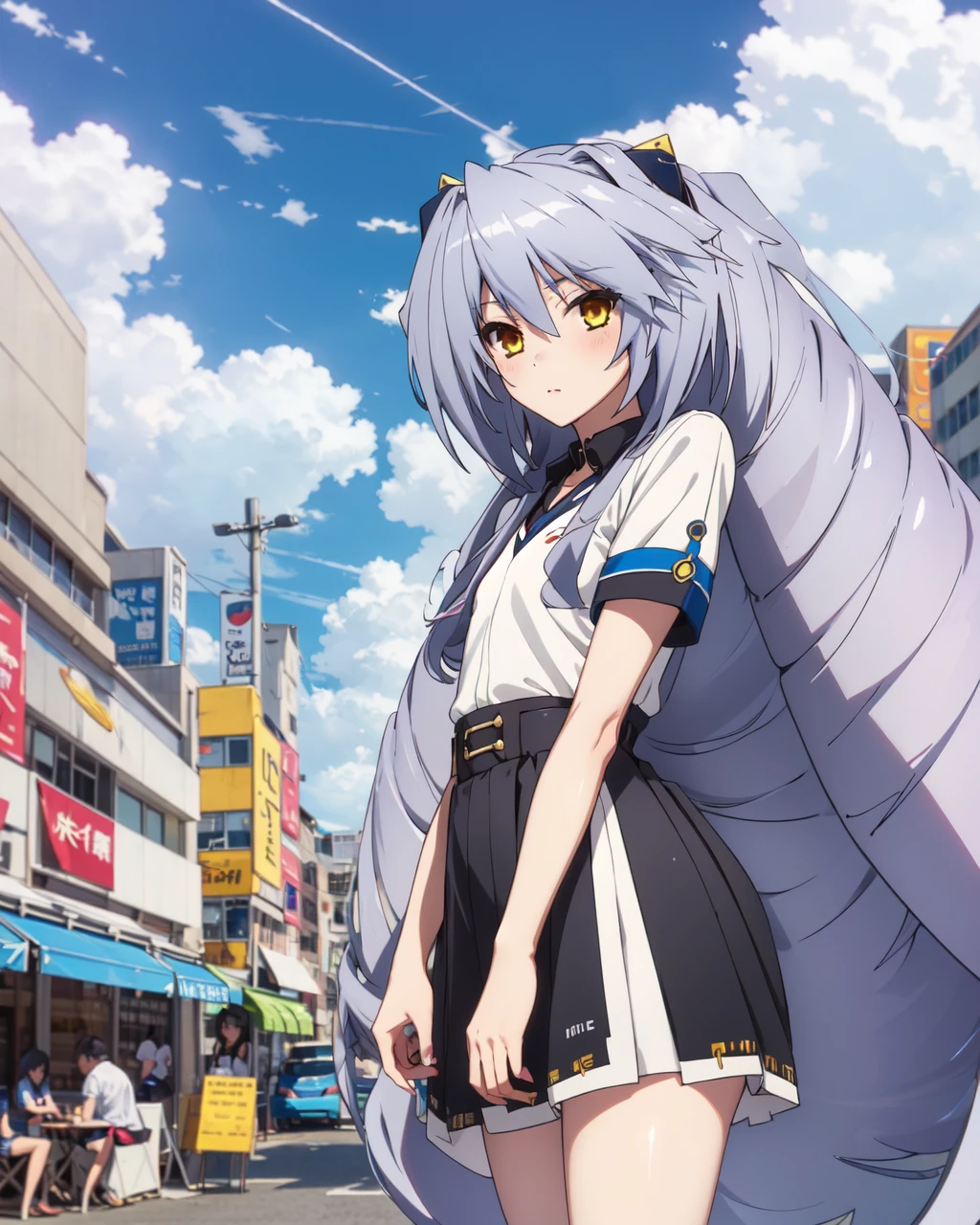 city,
nate_mitotsudaira,1girl,long hair,big hair,solo,very long hair,yellow eyes,bob hair,flat chest,
summer_uniform,short_sleeves,bobby_socks,microskirt,dress_shirt,
looking_at_viewer,<lora:Nate_Mitotsudaira:0.8>,