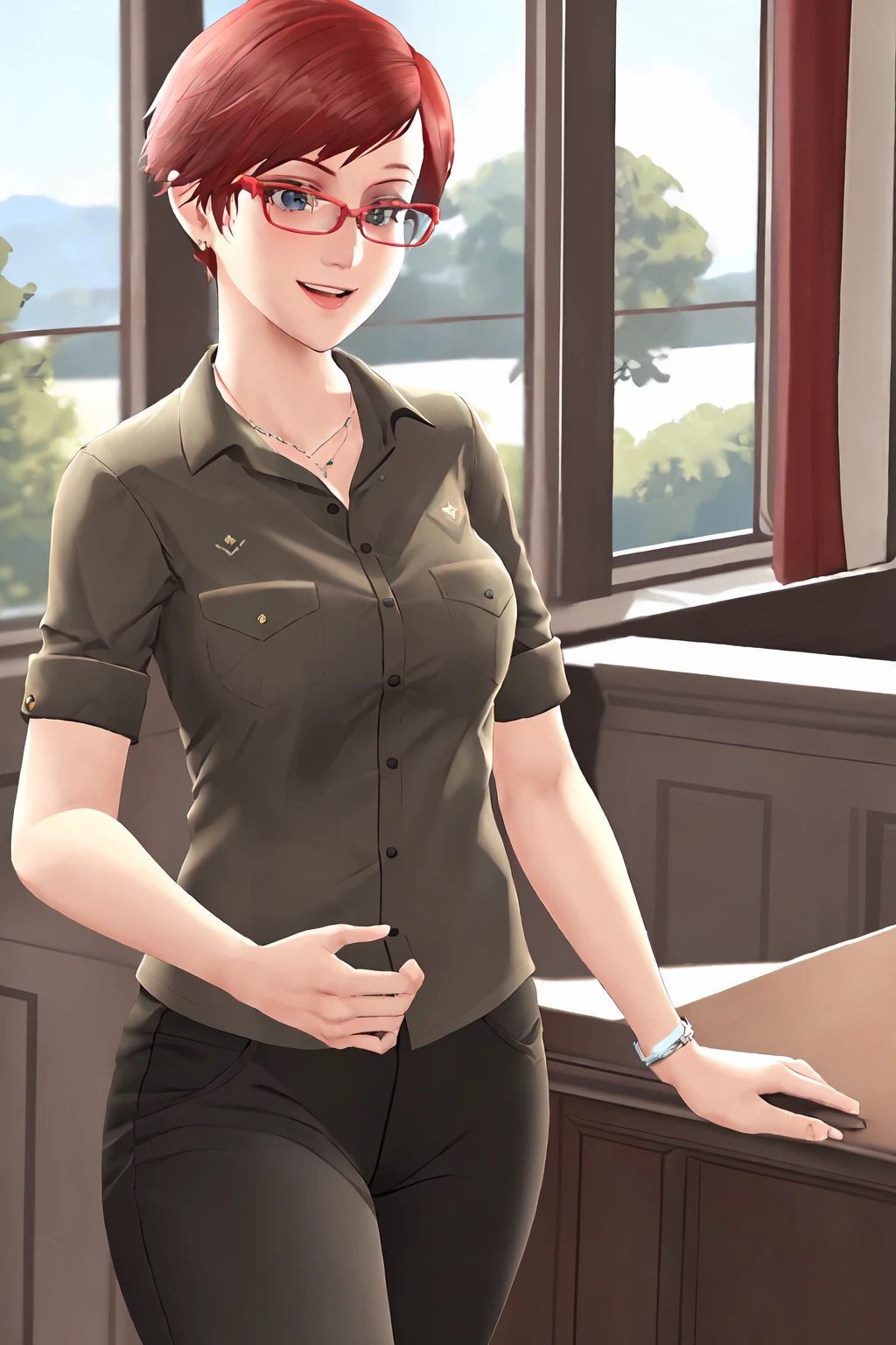 masterpiece,best quality,1girl,gtavclerk,short hair,red hair,glasses,shirt,short sleeves,pants,standing,indoors,in jewelry store,happy,:d ,<lora:GTAVClerk15:0.8>