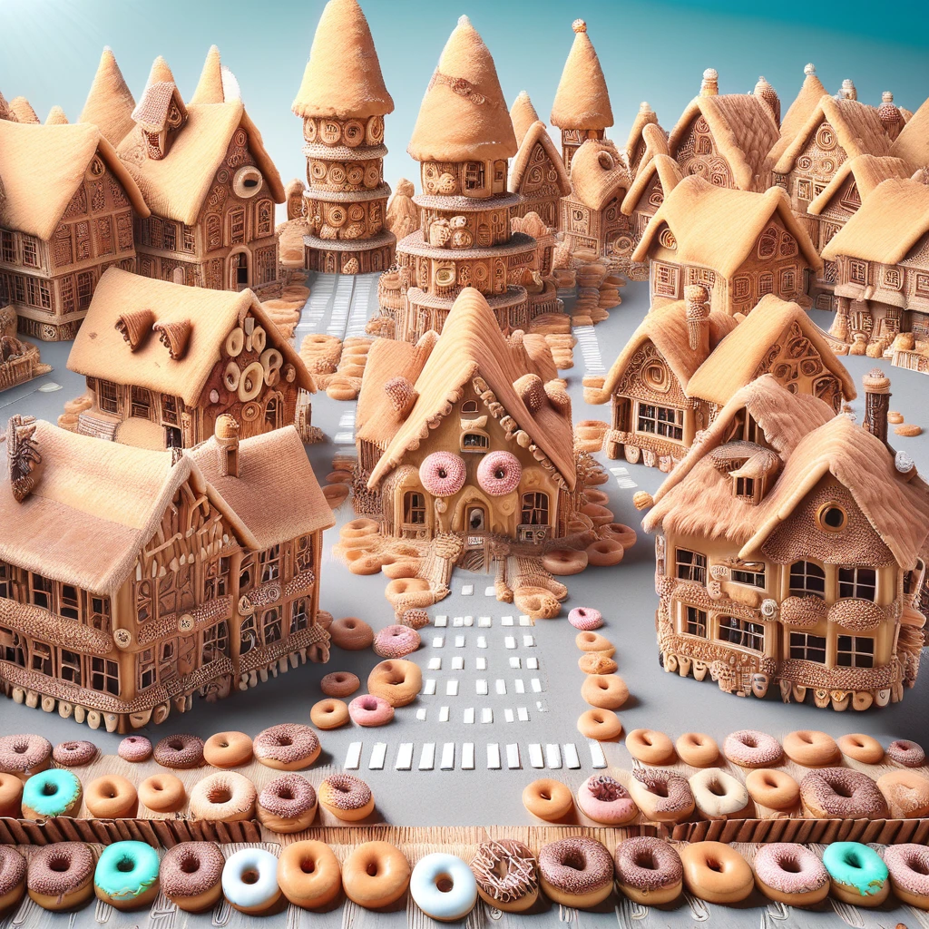 d0nu71f13d, village, town, building, made of doughnuts