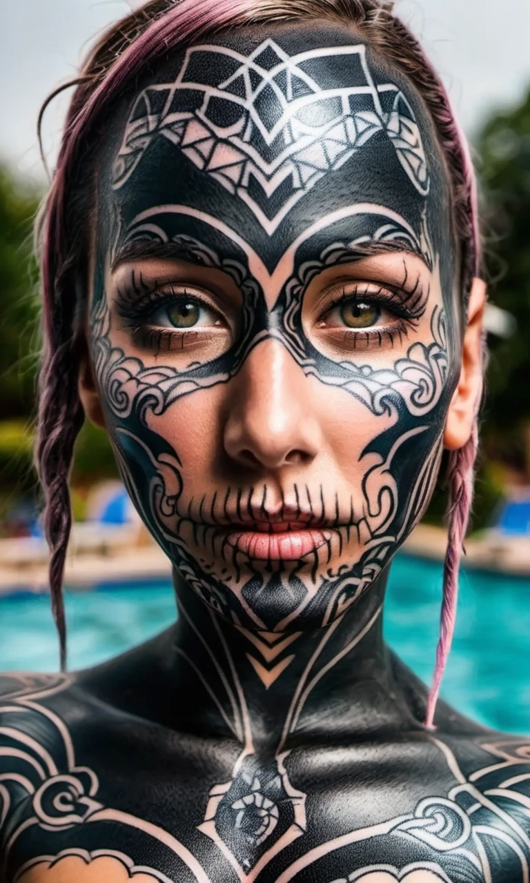 detailed a fully body and face tattooed woman facing the camera <lora:DarTataBodGPlus:1.0> at the public outdoor  pool swimming on the water