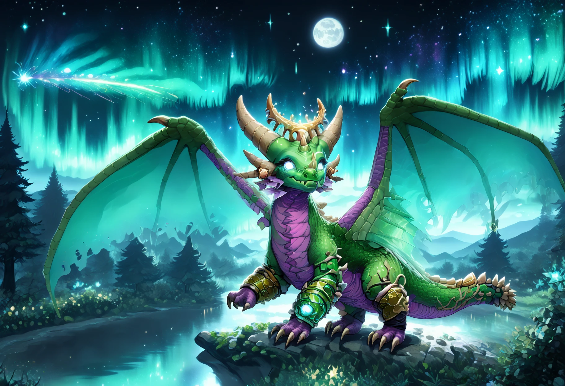 score_9, score_8_up, score_7_up, source_furry
((masterpiece, extremely detailed)), sharp, 4K BREAK
night, bokeh, sparkles, dark, stars, shooting star, aurora, comet, full moon, sky, clouds
Ys3ra, green scales, two wings, purple underbelly, purple feet, green scales, dragon, feral, anklets, jewelry, fang, tail, spiked tail, horns, claws, talons, fins, armor, (translucent wings:1.4), quadraped, silver eyes, glowing eyes, four legs, open wings, (spread wings:1.5)
<lora:Ysera_Dragon_Form:1>
flying, above the forest, smile, happy
sideview, from side
<lora:add-detail-xl:1.4>
<lora:SDXLFaeTastic2400:1>
<lora:Chibi_Dragon:1> cheeb_drg