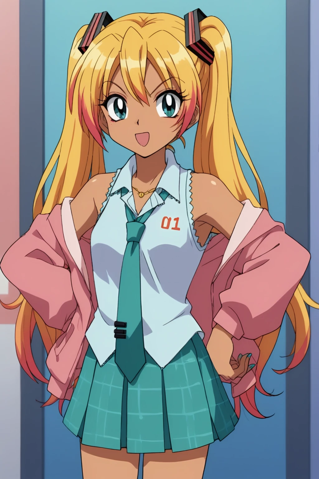 sgstyle, score_9, score_8_up, score_7_up, 1girl, hatsune miku, gyaru, kogal, makeup, y2k fashion, :p