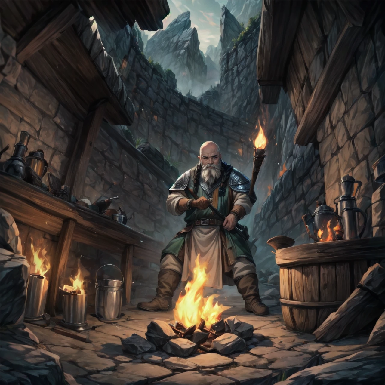 1boy, dwarf, black hair, braids, bald, forge, white-hot metal, smith, coals, fire, anvil, underground, dwarven city, stone, torches, <lora:Dwarves! SD 1.5:0.8>, dwarvenstyle, very detailed, <lora:more_details:0.6>, high quality, highres, masterpiece, best quality, 8k, intricate, detailed, <lora:add_detail:0.6>