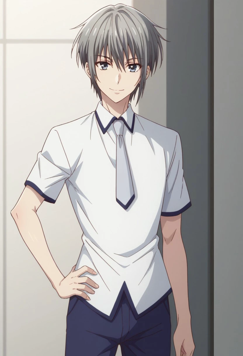 score_9, score_8_up, score_7_up, source_anime, highly detailed, 
yukisohma, 1boy, solo, male focus, necktie, upper body, grey hair, hand on hip, grey eyes,
blue pants, smile, looking at viewer, standing, pants, school uniform, white shirt, grey necktie, short sleeves
indoor, japanese