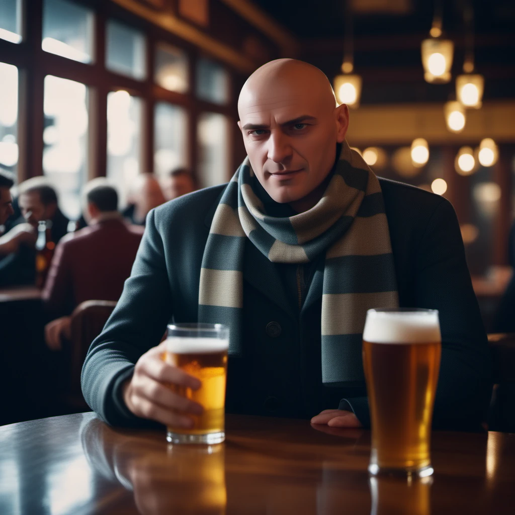 cinematic photo a bald man, scarf, having a beer in a pub  <lora:Gru1024:0.8> . 35mm photograph, film, bokeh, professional, 4k, highly detailed