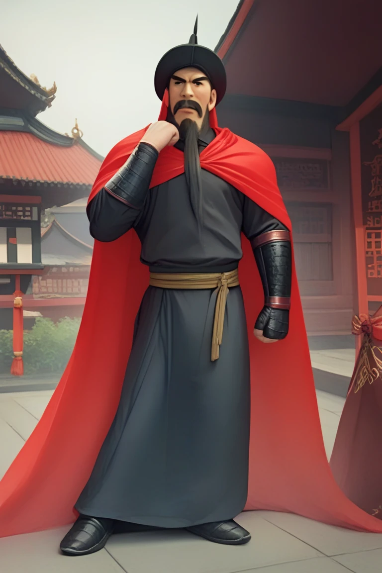 score_9, score_8_up, score_7_up,score_6_up, digital art, fantasy, zhangxianzhong, 1boy, male focus, solo, facial hair, long beard, black hair, black eyes  mustache, thick eyebrows, closed mouth, hat, red cape, cloth outfit, chinese, side view, , outdoors,batman_cc_style<lora:EMS-438755-EMS:0.900000>