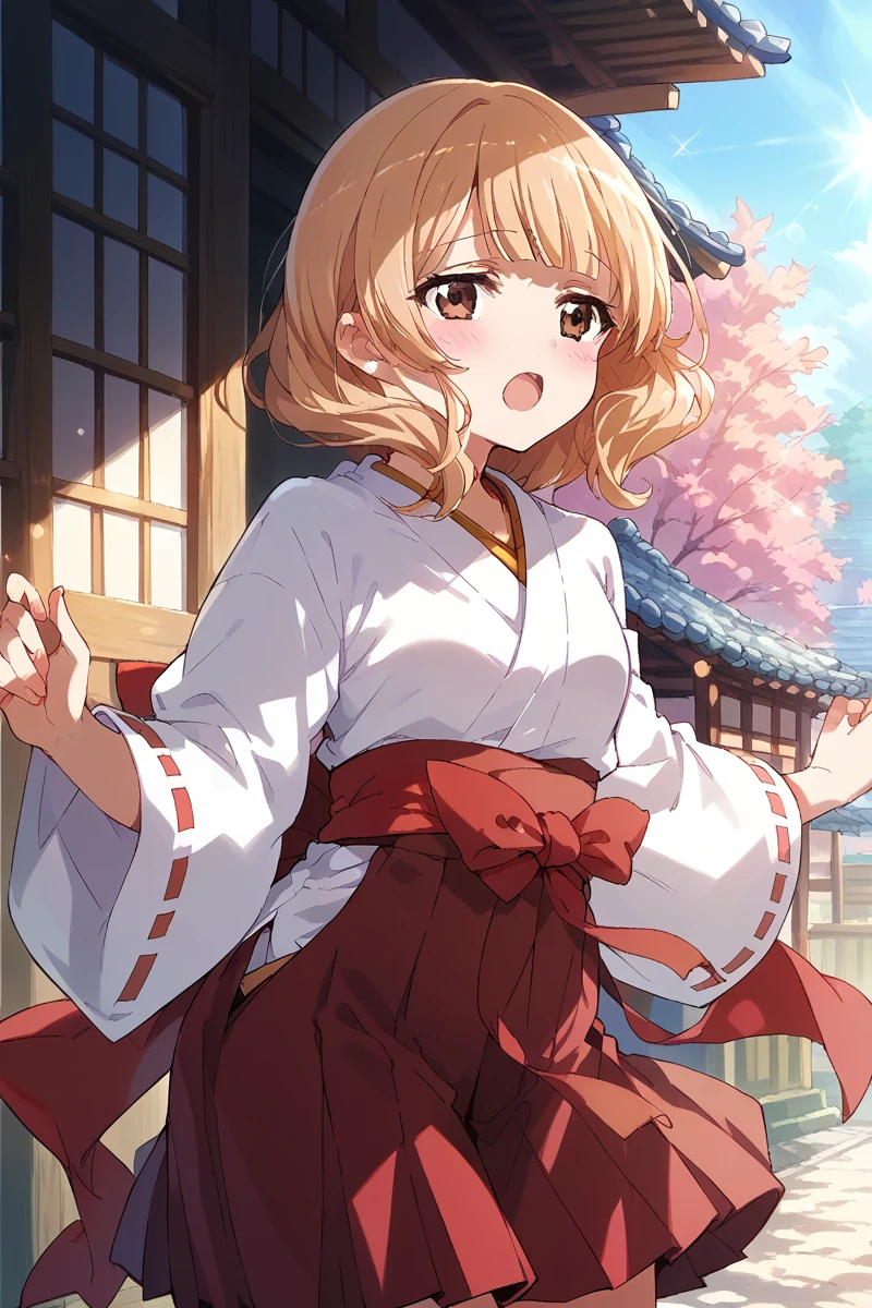 score_9, score_8_up, score_7_up, score_6_up, 1girl,
 <lora:Yuyuko_Tanaka:0.9> yuyuko, japanese clothes, 1girl, gohei, brown eyes, outdoors, solo, open mouth, hakama, blonde hair, day, hakama skirt, skirt, blush, lens flare, miko,