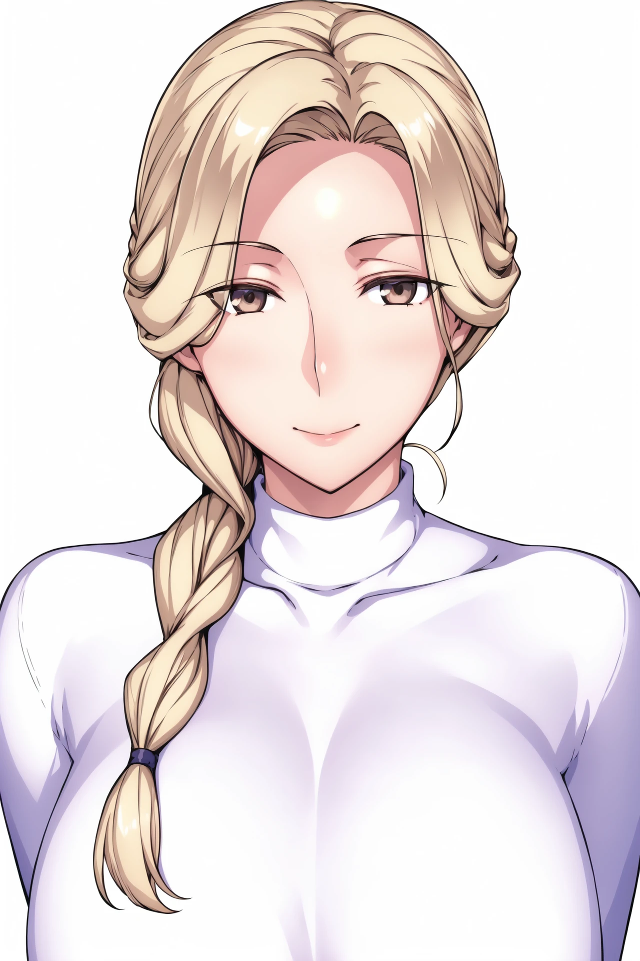 Simple Background,(White_Background:1.1),
dynamic pose,standing at attention,
white sweater, long sleeves, turtleneck, 
<lora:Tanemori_Mother-KK77-V1:0.7>,
Brown eyes, blonde hair,bangs,Long hair,single braid, 
<lora:more_details:0.1>,<lora:Oda_Non_Style2-KK77-Yes5-V1:0.3>,
1 girl, 20yo,Young female,Beautiful long legs,Beautiful body,
Beautiful Nose,Beautiful character design, perfect eyes, perfect face,expressive eyes,perfect balance,
looking at viewer,(Focus on her face),closed mouth, (innocent_big_eyes:1.0),(Light_Smile:0.3),
official art,extremely detailed CG unity 8k wallpaper, perfect lighting,Colorful, Bright_Front_face_Lighting,White skin,
(masterpiece:1.0),(best_quality:1.0), ultra high res,4K,ultra-detailed,
photography, 8K, HDR, highres, absurdres:1.2, Kodak portra 400, film grain, blurry background, bokeh:1.2, lens flare, (vibrant_color:1.2),professional photograph,
(Beautiful,large_Breasts:1.4), (beautiful_face:1.5),(narrow_waist),