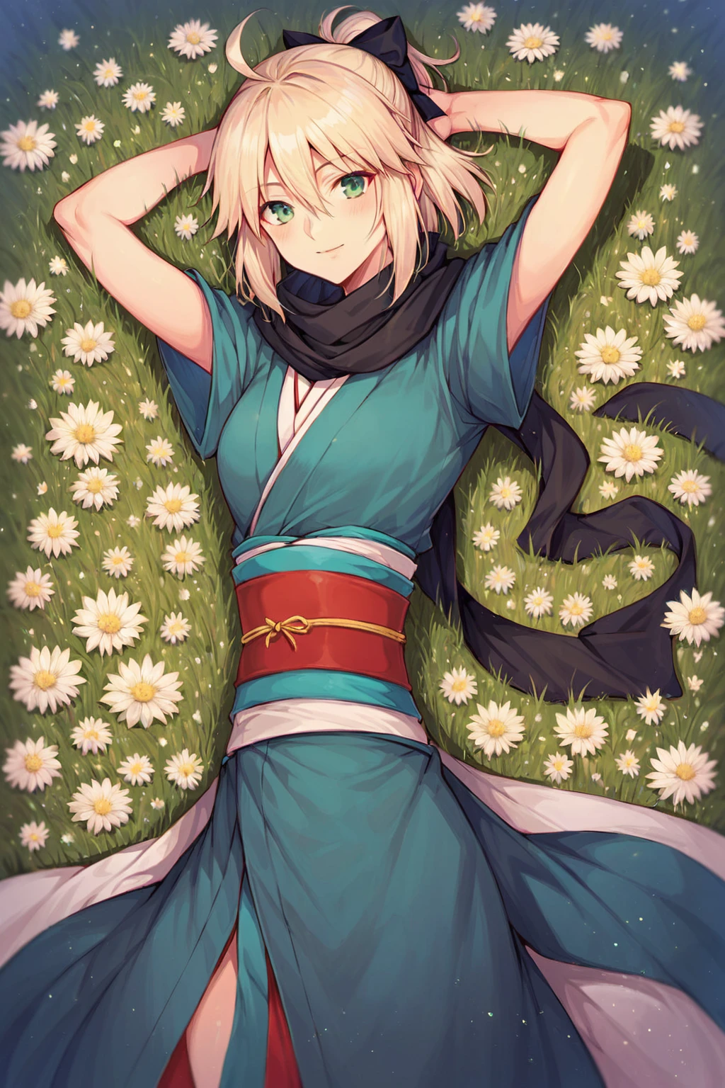 score_9, score_8_up, score_7_up, okita souji \(fate\), black scarf, blonde hair, double-parted bangs, green eyes, hair between eyes, haori, japanese clothes, kimono, medium hair, ponytail, scarf, sidelocks, solo, solo focus, cowboy shot, dark background, very wide shot Lying on a field of flowers, hands intertwined behind the head, feeling relaxed., <lora:ahad:0.6>