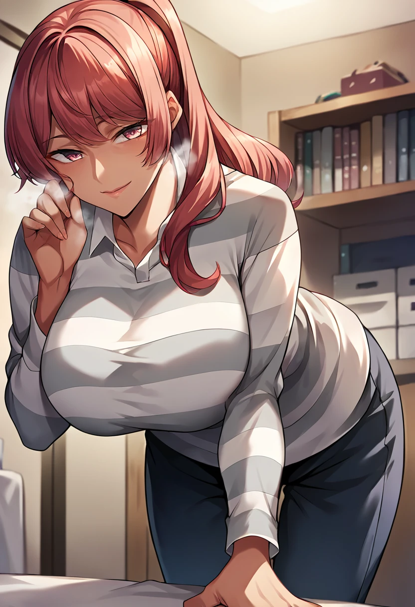 score_9, score_8_up, score_7_up, masterpiece, source_anime, 1girl, ct_m0risaki, red hair, pink eyes, huge breasts, grey striped shirt, long sleeves, dark blue pants, cowboy shot, hand up, looking at viewer, indoors, from below, leaning forward, smile, breath, <lora:MegumiMorisaki_Pony_ct:1>