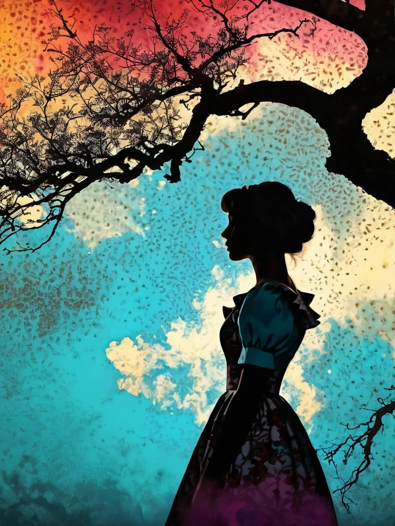 <lora:04Vintageillustration_Hap_XL:1>,Norman Rockwell style extremely detailed, ((beautiful silhouette of a female in a dress)), (epic oak tree, heavy backdrop lights), (whimsical colorful dustclouds background, dust particles, lots of detail), sharp focus,