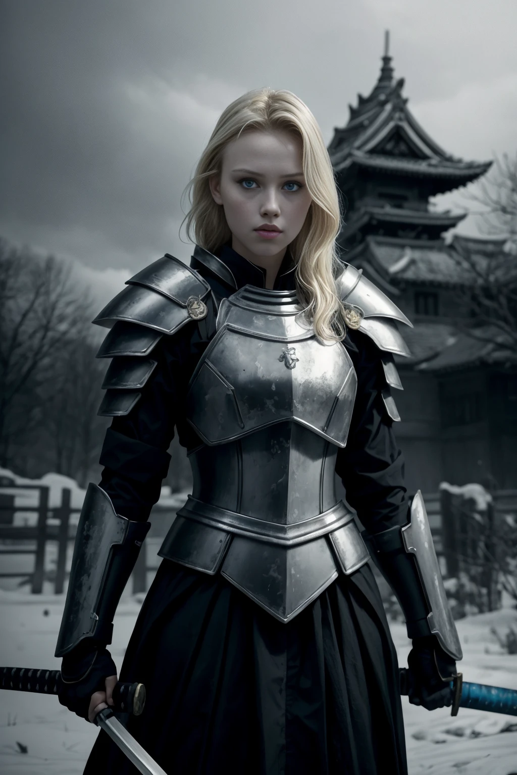 Horror-themed, <lora:samurai style SD1.5:1.2> an epic cinematic photo of opt-graciedzienny <lora:opt-graciedzienny:1>, blonde hair, blue eyes in a legendary armor holding an epic hammer with perfect hands female samurai style, Eerie, unsettling, dark, spooky, suspenseful, grim, highly detailed