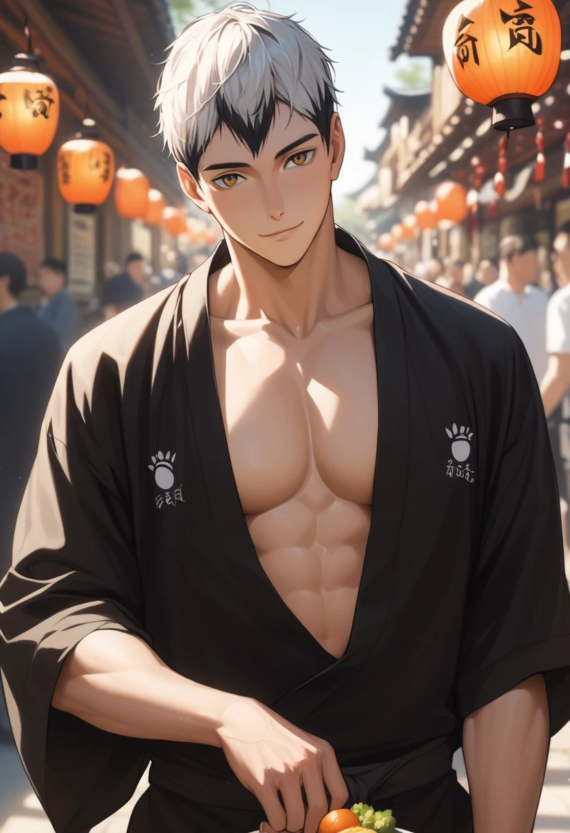 score_9, score_8_up, score_7_up, source_anime, rating_explicit, hands with five fingers, pecs, Kitaikyu, 1boy, male focus, black-white yukata, closed mouth, smiling, head tilt, blurry outdoor lantern festival, food stalls, warm bokeh, realistic lighting,