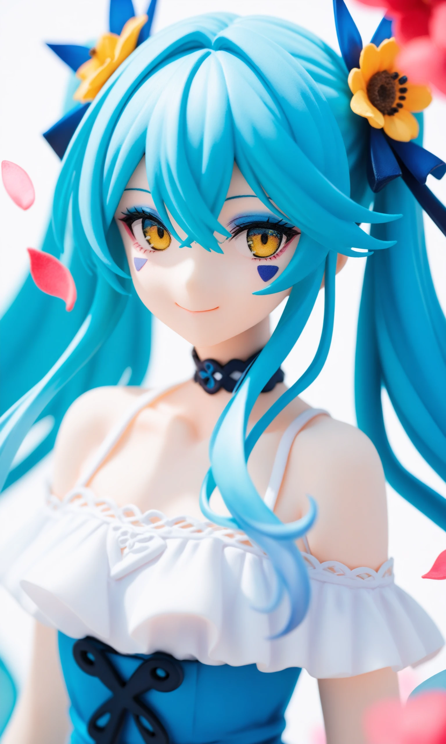 score_9,score_8_up,score_7_up,source_anime,
1girl,solo,yellow eyes,looking at viewer,bare shoulders,long hair,petals,hair ornament,collarbone,makeup,blue hair,facial mark,closed mouth,multicolored hair,upper body,white background,choker,hair between eyes,aqua hair,smile,eyeshadow,twintails,flower,dress,blurry,