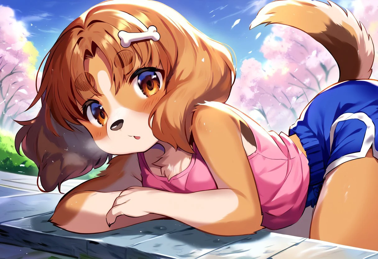 Solo, 1girl, female, young, small body, shortstack, cute face, furry, dog ears, dog tail, dog girl, small breasts, body fur, bone hair ornament, brown hair, brown eyes, animal nose, bangs, thick eyebrows, short hair, detailed eyes, detailed skin, detailed eyes, perfect face, aroused, hard breath, hard blush, BREAK,pink shirt, sleeveless shirt, short shorts, blue shorts, BREAK jack-o' challenge, park, outdoors, colorful, looking at viewer, BREAK ((ultra-detailed)), ((best quality)), ((best quality)), ((beautiful eyes)), ((extremely detailed)), 4K, (8K), best quality, (beautiful), Master piece, highres, score_9, score_8_up, score_7_up, score_6_up, score_5_up, score_4_up, colorful, best quality, official art, highres, masterpiece, nai3, god light, detailed background, high quality background,