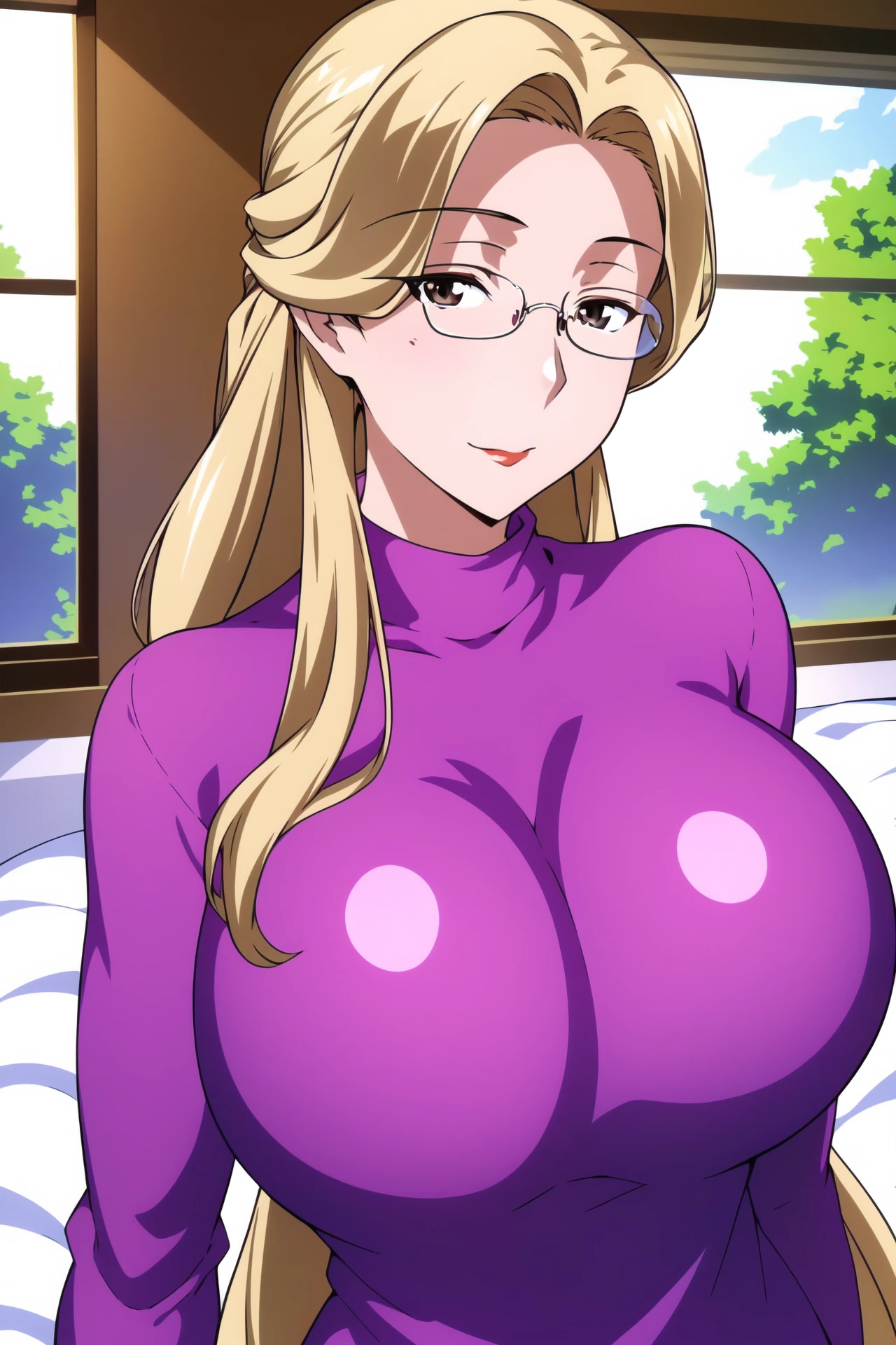 Bedroom, bed, window,
<lora:Background_YesMix4_KKStyle-KK77-V1:0.2>,
dynamic pose,standing at attention,
Purple sweater, long sleeves, turtleneck,
<lora:Tanemori_Mother-KK77-V1:0.7>,glasses, 
Brown eyes, blonde hair,bangs,Very Long hair,Makeup, red lipstick, 
<lora:more_details:0.1>,<lora:NovelAI_YesMix5_KKStyle-KK77-Yes5-V1:0.3>,
1 girl, 20yo,Young female,Beautiful long legs,Beautiful body,
Beautiful Nose,Beautiful character design, perfect eyes, perfect face,expressive eyes,perfect balance,
looking at viewer,(Focus on her face),closed mouth, (innocent_big_eyes:1.0),(Light_Smile:0.3),
official art,extremely detailed CG unity 8k wallpaper, perfect lighting,Colorful, Bright_Front_face_Lighting,White skin,
(masterpiece:1.0),(best_quality:1.0), ultra high res,4K,ultra-detailed,
photography, 8K, HDR, highres, absurdres:1.2, Kodak portra 400, film grain, blurry background, bokeh:1.2, lens flare, (vibrant_color:1.2),professional photograph,
(Beautiful,large_Breasts:1.4), (beautiful_face:1.5),(narrow_waist),