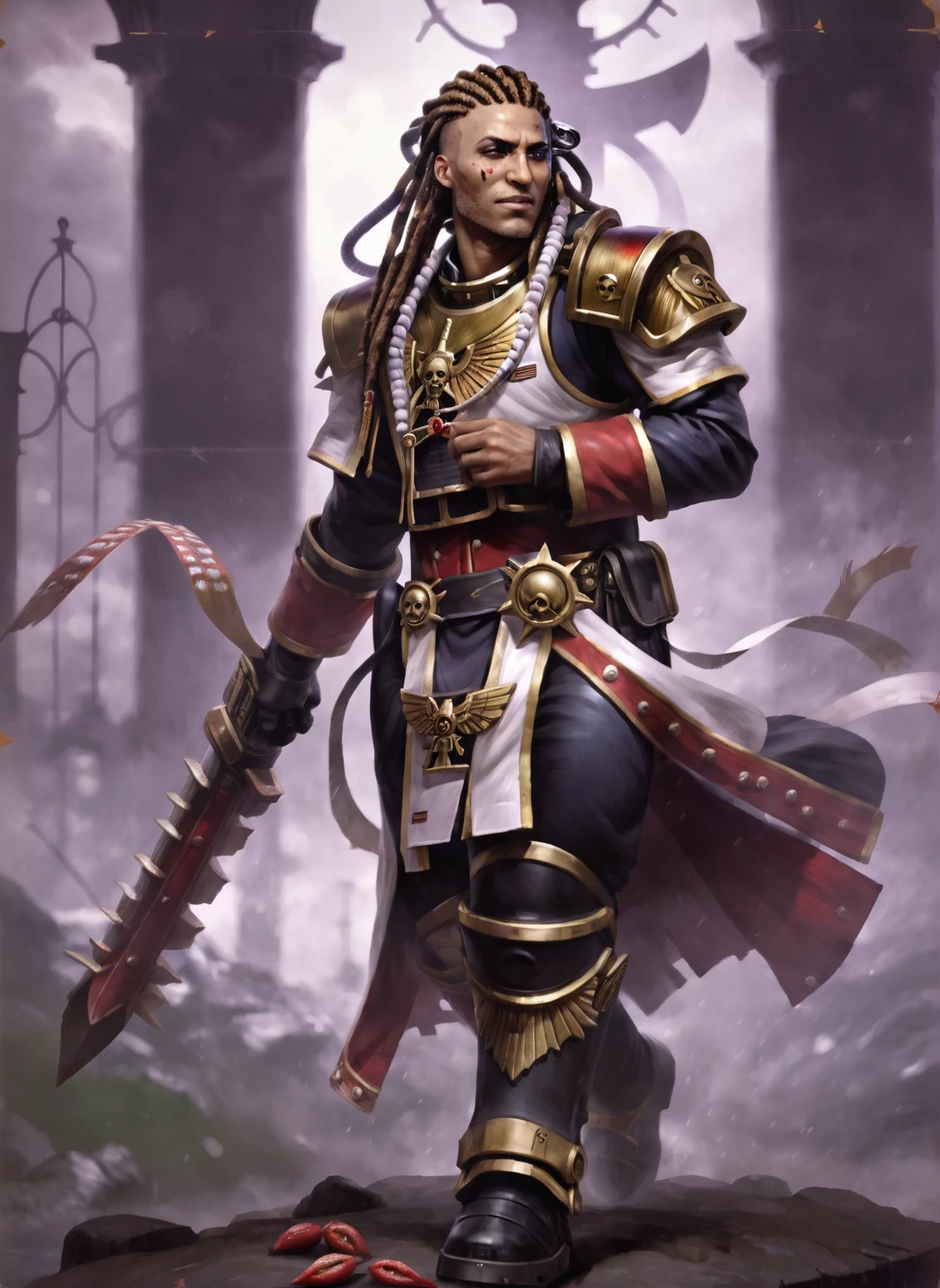 roguetraderstyle full length portrait of a male deadly soldier, posed contrapposto wearing armor, ministorum priest, ecclesiarchy zealot from a militarized fortress world, dewy freckled skin, greasyhair, heroic proportions, dynamic cinematic angle, grim baroque gothic futuristic 40K <lora:roguetraderstyle:1>