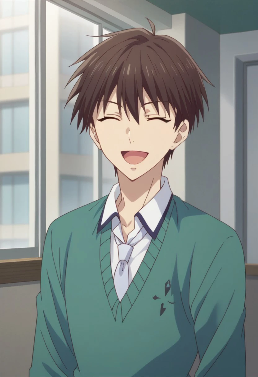 score_9, score_8_up, score_7_up, source_anime, highly detailed, 
kakerumanabe, 1boy, male focus, solo, closed eyes, smile, open mouth,  necktie, ^ ^, brown hair, shirt, upper body, facing viewer, school uniform,
collared shirt, :d, sweater, green sweater,
indoor, window,