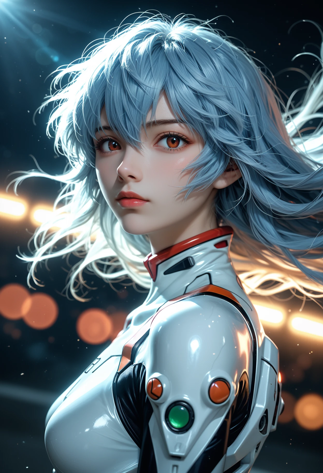 1girl,ayanami rei,neon genesis evangelion,rebuild of evangelion,plugsuit,pilot suit,white bodysuit,looking at viewer,head tilted,light blue long hair,hair blowing in the wind,(intricate details),(dynamic angle),fluffy hair,air bangs,, cinematic film still,score_9,score_8_up,score_7_up,dramatic lighting,(realistic:1.3),highly detailed,high budget,bokeh,cinemascope,moody,epic,gorgeous,film grain,grainy,masterpiece,best quality,perfect anatomy,very aesthetic,official art,8k,