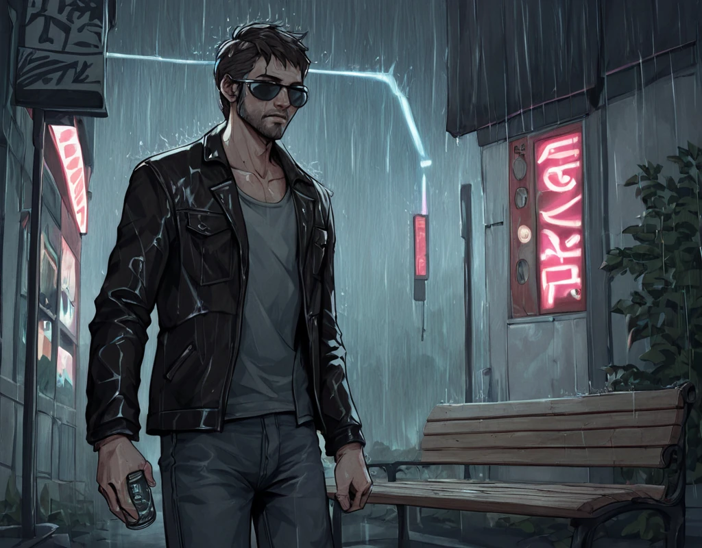 line art, water color painting, traditional media, score_9, score_8_up, score_7_up, score_6_up, Joel-Miller, TLOU,  open clothes, pants, open jacket, black jacket, lips, night, sunglasses, denim, rain, can, bench, leather, cyborg, prosthesis, leather jacket, cyberpunk, vending machine, neon lights, sensitive <lora:TLOU_Joel_Miller:1>