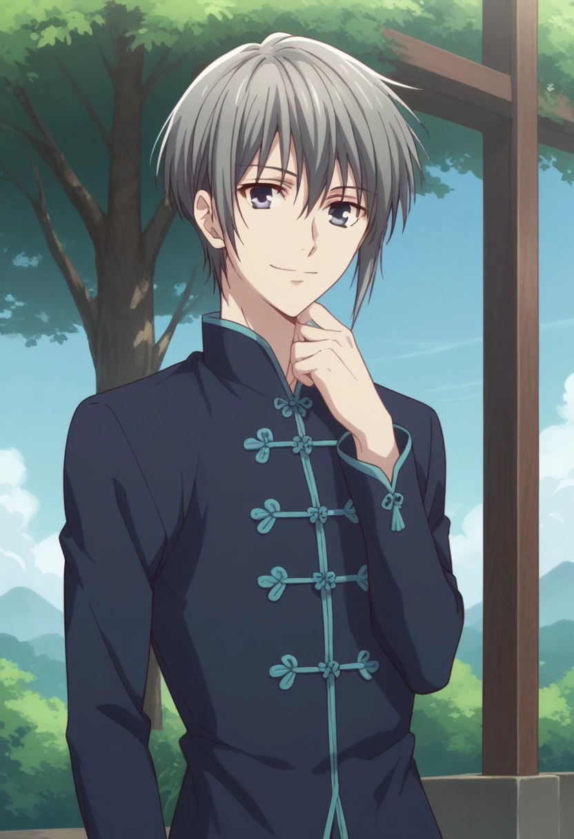 score_9, score_8_up, score_7_up, source_anime, highly detailed, 
yukisohma, 1boy, male focus, solo, upper body, grey hair, grey eyes, hand on own chin,
looking at viewer, standing, chinese clothes, smile, pants,
outdoor, sky, tree