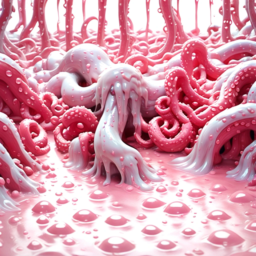 slime, lying, octopus, slime (substance), simple background, cum, colored skin, pink background, white background, eldritch abomination