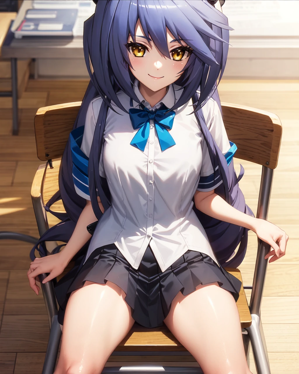 school,indoor,chair,school_desk,
nate_mitotsudaira,1girl,long hair,big hair,solo,very long hair,yellow eyes,bob hair,
summer_uniform,short_sleeves,bobby_socks,microskirt,dress_shirt,
sitting_on_chair,smile,looking_at_viewer,<lora:Nate_Mitotsudaira:0.8>,