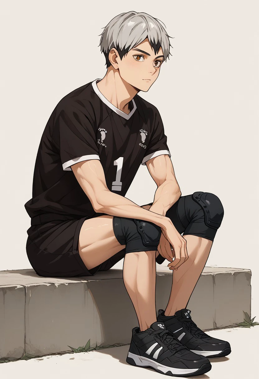 score_9, score_8_up, score_7_up, source_anime, rating_safe, Kitaikyu, 1boy, male focus, black Inarizaki shirt, black Inarizaki shorts, black knee pads, black sneakers, sitting,