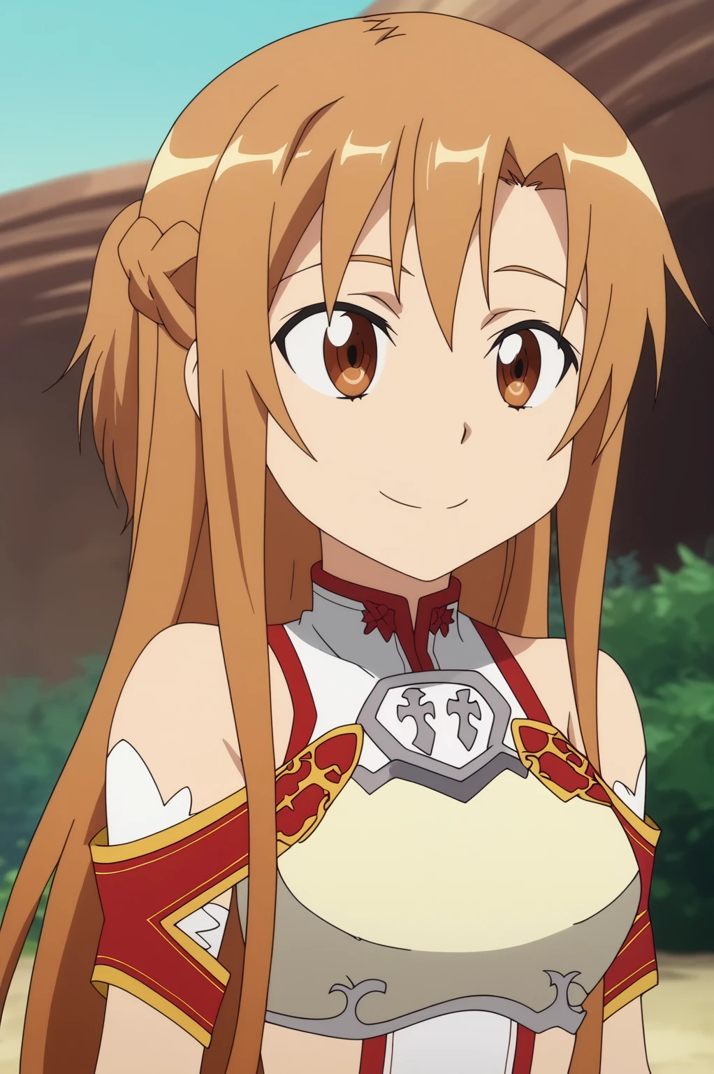 anime screencap,  Ancient Mayan ruins hidden deep in the jungle, Asuna, knights of the blood outfit, light smile, upper body  <lora:COMMISION-SAO-Asuna-PDXL-v2:0.8>