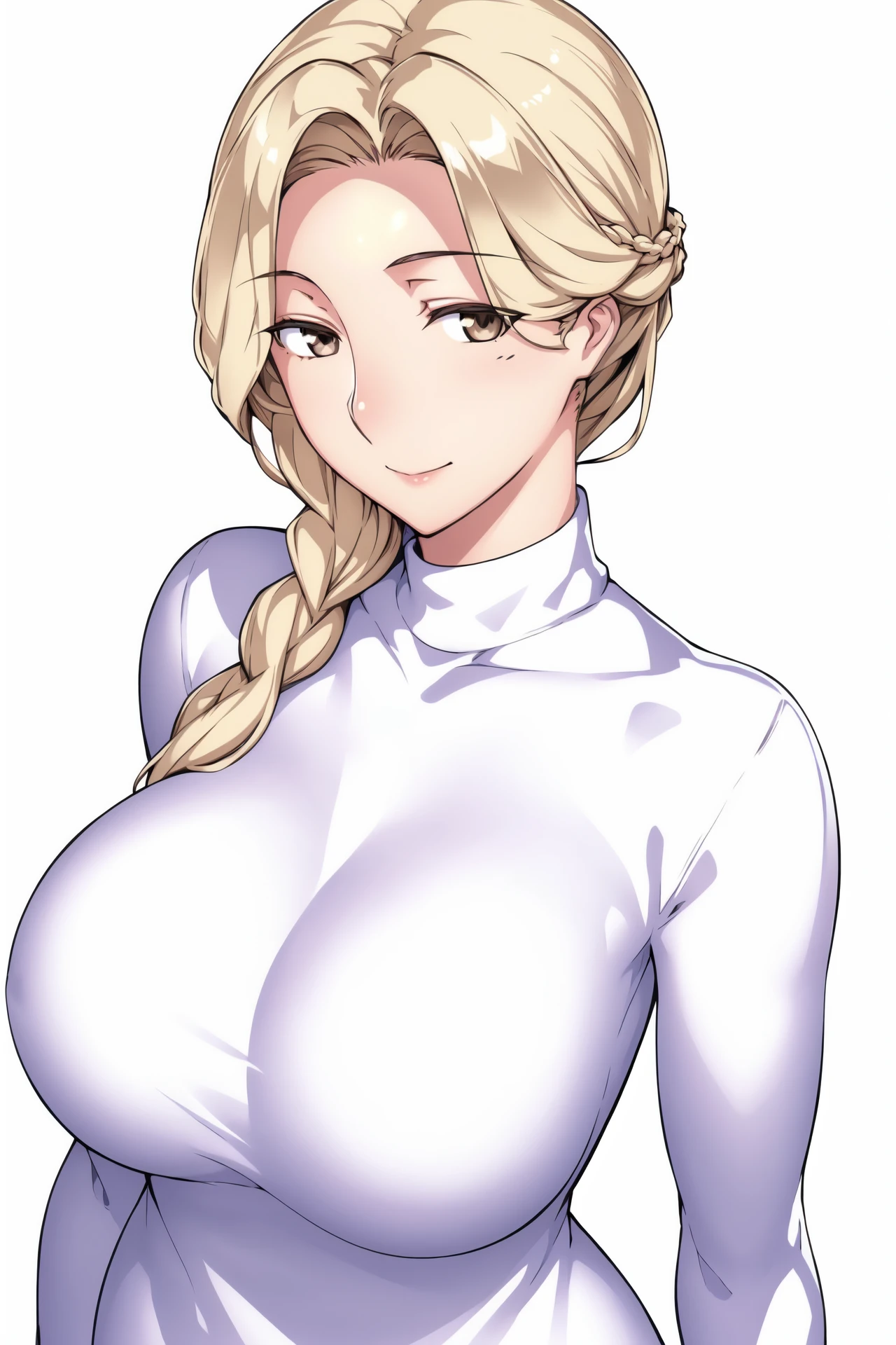 Simple Background,(White_Background:1.1),
dynamic pose,standing at attention,
white sweater, long sleeves, turtleneck, 
<lora:Tanemori_Mother-KK77-V1:0.7>,
Brown eyes, blonde hair,bangs,Long hair,single braid, 
<lora:more_details:0.1>,<lora:Oda_Non_Style2-KK77-Yes5-V1:0.3>,
1 girl, 20yo,Young female,Beautiful long legs,Beautiful body,
Beautiful Nose,Beautiful character design, perfect eyes, perfect face,expressive eyes,perfect balance,
looking at viewer,(Focus on her face),closed mouth, (innocent_big_eyes:1.0),(Light_Smile:0.3),
official art,extremely detailed CG unity 8k wallpaper, perfect lighting,Colorful, Bright_Front_face_Lighting,White skin,
(masterpiece:1.0),(best_quality:1.0), ultra high res,4K,ultra-detailed,
photography, 8K, HDR, highres, absurdres:1.2, Kodak portra 400, film grain, blurry background, bokeh:1.2, lens flare, (vibrant_color:1.2),professional photograph,
(Beautiful,large_Breasts:1.4), (beautiful_face:1.5),(narrow_waist),