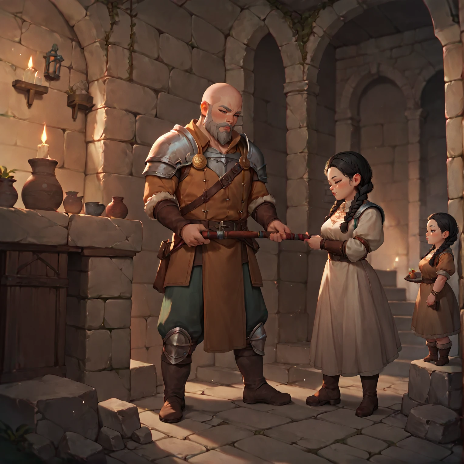 dwarvenstyle, dwarf, <lora:Dwarves_Pony_XL:1>, 1girl, 1boy, father and daughter, shortstack, stocky, braids, black hair, bald, grey beard, indoors, underground, stone, torches, BREAK score_9, score_8_up, score_7_up, best quality, masterpiece, 4k, prefect lighting, very aesthetic, anime, zPDXL2